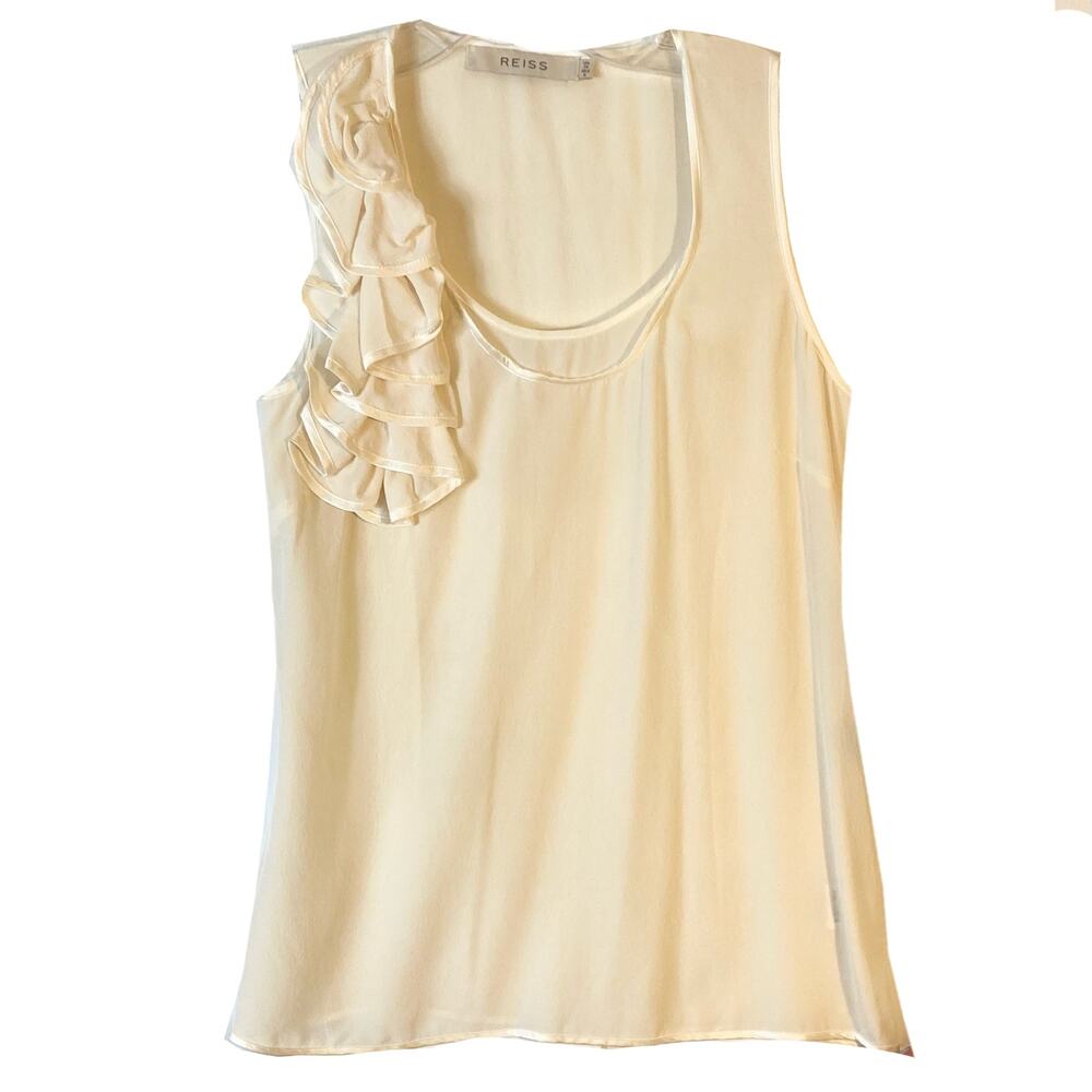 NWOT REISS Top 6 Silk Chiffon Cream Appliqué-Ruffle Satin-Trim Sheer Sleeveless